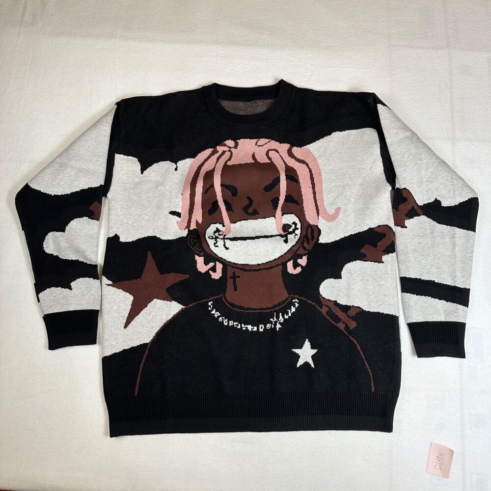 Lil Uzi Vert Inspired Mens Large Black Pink Hair Anime Graphic Knit Sweater Y2K